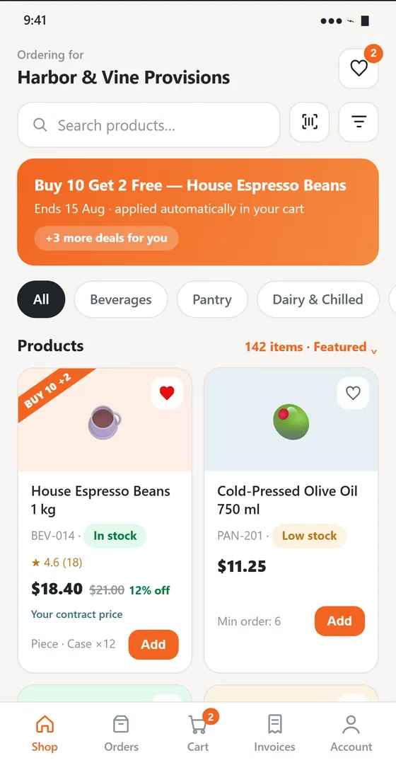 The same catalogue in the OrderPulse buyer app on a phone, showing contract pricing against list price and live stock.