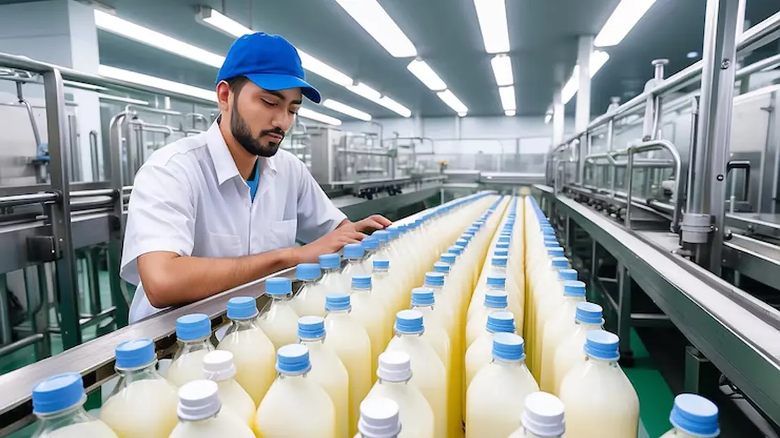 A worker inspecting bottles on a dairy production line